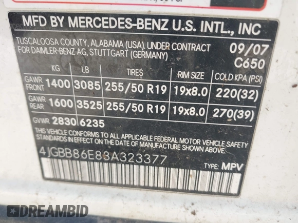 2008 Mercedes-Benz M 350 with VIN 4JGBB86E88A323377, listed as a IAAI auction lot 42212091 with Not Provided miles and . Bid and sale history available at DreamBid. Image 9.