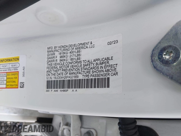 2023 Acura Integra with VIN 19UDE4H26PA021859, listed as a IAAI auction lot 41855188 with 18,150 mi miles and . Bid and sale history available at DreamBid. Image 9.