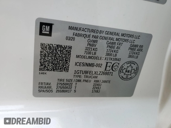 2020 GMC Sierra 1500 Denali with VIN 1GTU9FELXLZ269071, listed as a Copart auction lot 50322795 with 101,455 mi miles and Salvage Title. Bid and sale history available at DreamBid. Image 12.