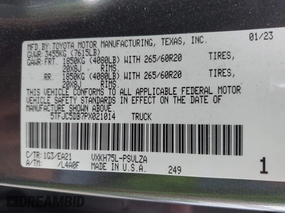 2023 Toyota Tundra Limited Hybrid with VIN 5TFJC5DB7PX021014, listed as a IAAI auction lot 42067753 with 64,991 mi miles and . Bid and sale history available at DreamBid. Image 9.