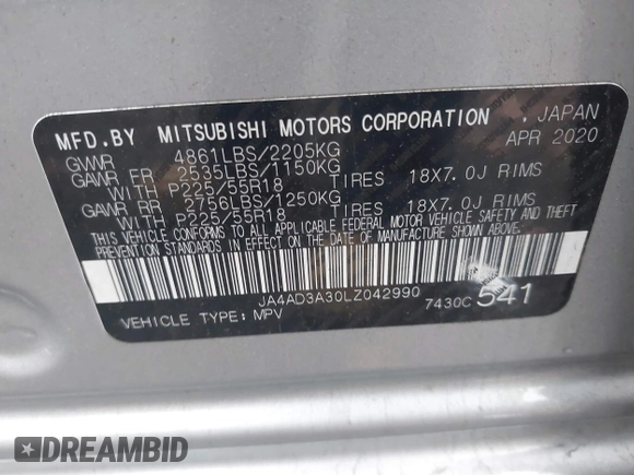 2020 Mitsubishi Outlander SE с VIN JA4AD3A30LZ042990, выставлен на аукционе IAAI как лот 41165747 с пробегом 156 321 миль миль и . История ставок и продаж доступна на DreamBid. Изображение 9.