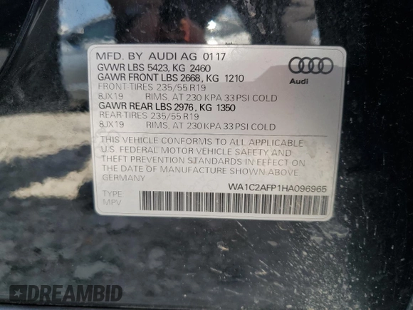 2017 Audi Q5 Premium z VIN WA1C2AFP1HA096965, wystawiony jako Copart lot #65059525 z przebiegiem 96 618 mil mil oraz Czysty tytuł • Clean title. Historia ofert i sprzedaży dostępna na DreamBid. Obrazek 12.
