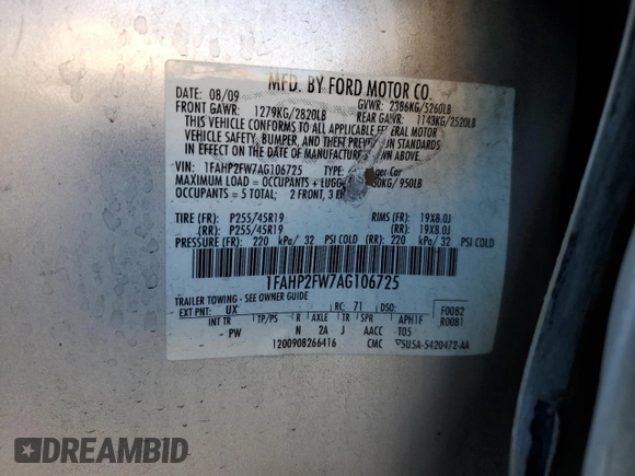 2010 Ford Taurus Limited with VIN 1FAHP2FW7AG106725, listed as a Copart auction lot 43017865 with 149,648 mi miles and Salvage Title. Bid and sale history available at carsss.com. Image 13.