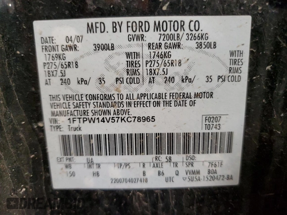 2007 Ford F-150 XLT with VIN 1FTPW14V57KC78965, listed as a Copart auction lot 55831035 with 235,195 mi miles and Clean title. Bid and sale history available at DreamBid. Image 13.