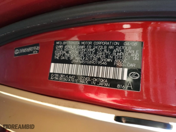 2008 Lexus SC 430 with VIN JTHFN45Y689019546, listed as a Copart auction lot 75586654 with 136,941 mi miles and Salvage Title. Bid and sale history available at carsss.com. Image 12.