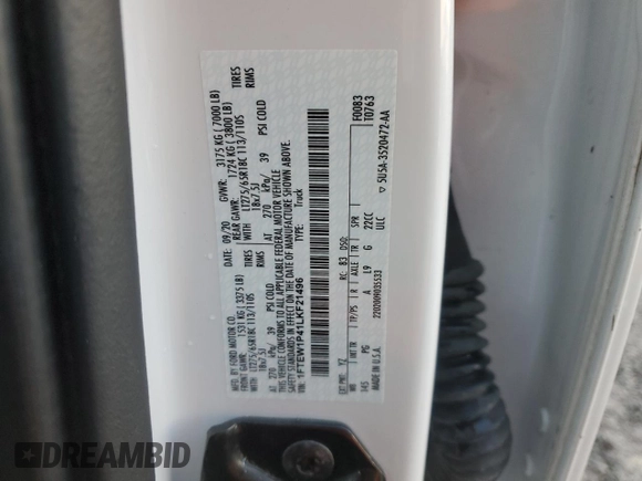 2020 Ford F-150 with VIN 1FTEW1P41LKF21496, listed as a Copart auction lot 81528664 with Not provided miles and Salvage title. Bid and sale history available at DreamBid. Image 13.
