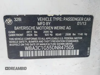 2013 BMW 3 Series 328i with VIN WBA3C1G55DNR47505, listed as a IAAI auction lot 42063459 with 96,494 mi miles. Bid and sale history available at carsss.com. Image 9.