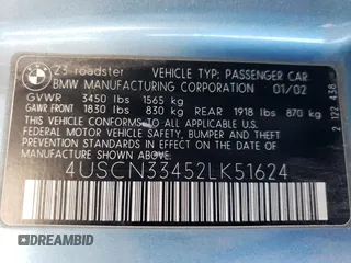2002 BMW Z3 2.5i with VIN 4USCN33452LK51624, listed as a Copart auction lot 47388825 with 100,044 mi miles and Salvage Title. Bid and sale history available at carsss.com. Image 13.