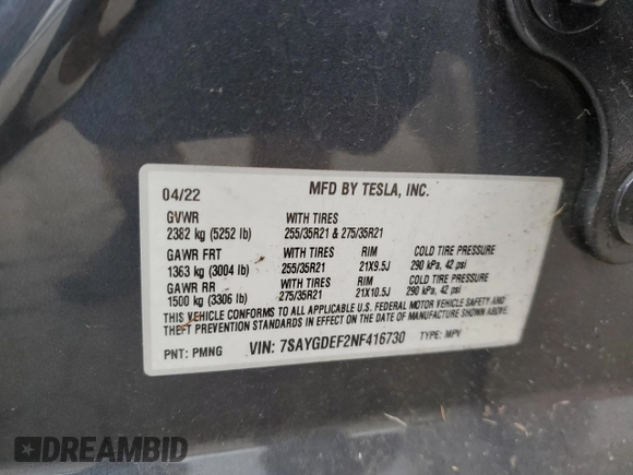 2022 Tesla Model Y Performance with VIN 7SAYGDEF2NF416730, listed as a Copart auction lot 47657945 with 40,738 mi miles and Salvage Title. Bid and sale history available at DreamBid. Image 13.