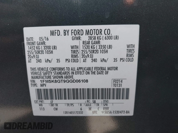 2016 Ford Explorer Sport with VIN 1FM5K8GT9GGD06108, listed as a IAAI auction lot 42293295 with 126,570 mi miles and . Bid and sale history available at DreamBid. Image 9.