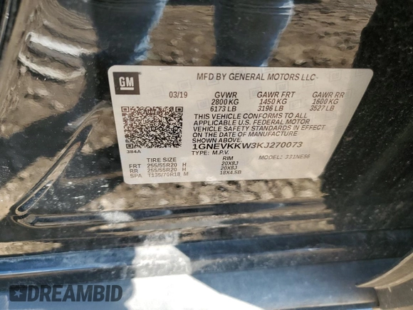 2019 Chevrolet Traverse Premier with VIN 1GNEVKKW3KJ270073, listed as a Copart auction lot 60314875 with 109,123 mi miles and Clean title. Bid and sale history available at DreamBid. Image 12.