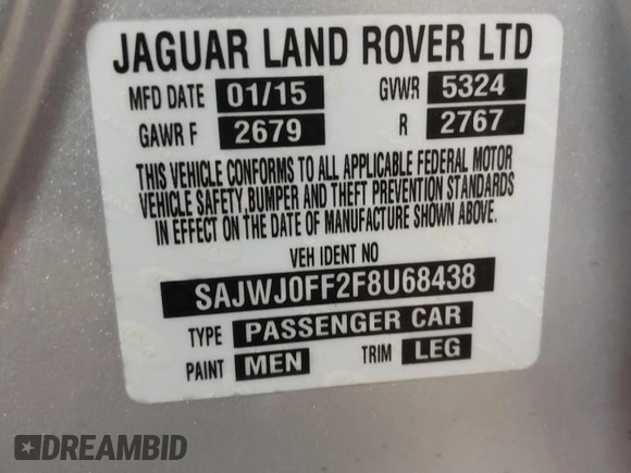 2015 Jaguar XF V6 Portfolio with VIN SAJWJ0FF2F8U68438, listed as a Copart auction lot 85130674 with 71,878 mi miles and Salvage Title. Bid and sale history available at carsss.com. Image 12.