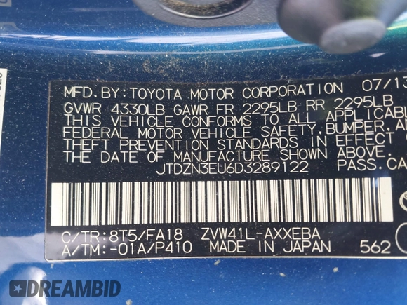 2013 Toyota Prius Two with VIN JTDZN3EU6D3289122, listed as a IAAI auction lot 41670913 with 121,479 mi miles and . Bid and sale history available at DreamBid. Image 9.