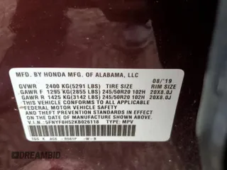 2019 Honda Passport EX-L с VIN 5FNYF8H52KB026118, выставлен на аукционе Copart как лот 59548395 с пробегом 81 717 миль миль и Списание • Salvage title. История ставок и продаж доступна на DreamBid. Изображение 12.