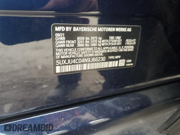 2022 BMW X5 M50i with VIN 5UXJU4C04N9J66230, listed as a Copart auction lot 86374124 with 0 mi miles and Salvage Title. Bid and sale history available at carsss.com. Image 13.