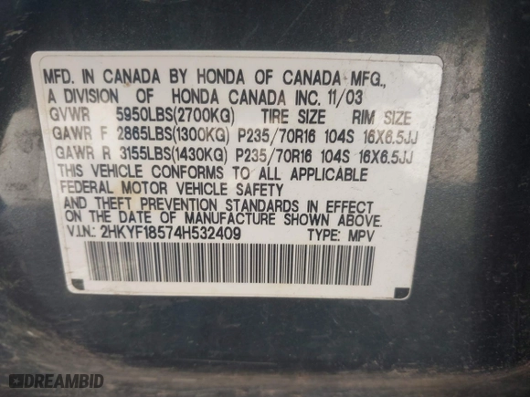 2004 Honda Pilot EX with VIN 2HKYF18574H532409, listed as a IAAI auction lot 41701760 with 302,949 mi miles. Bid and sale history available at carsss.com. Image 9.