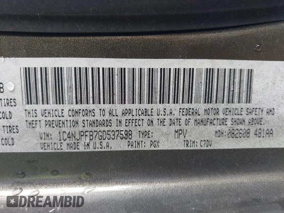 2016 Jeep Patriot Latitude with VIN 1C4NJPFB7GD537598, listed as a IAAI auction lot 42451489 with 131,401 mi miles and . Bid and sale history available at DreamBid. Image 9.