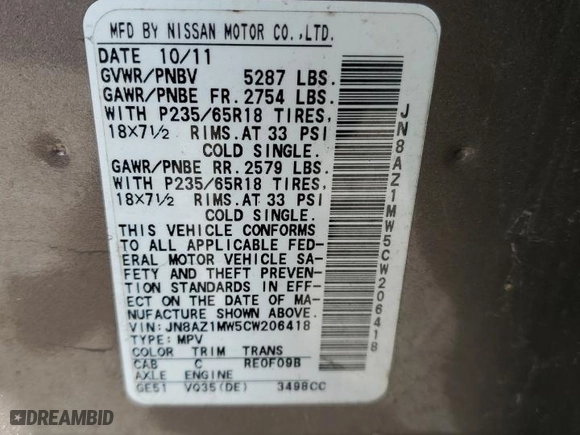 2012 Nissan Murano LE with VIN JN8AZ1MW5CW206418, listed as a Copart auction lot 49522865 with 0 mi miles and Salvage Title. Bid and sale history available at carsss.com. Image 13.