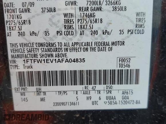 2010 Ford F-150 XL with VIN 1FTFW1EV1AFA04835, listed as a Copart auction lot 60063625 with 160,280 mi miles and Salvage title. Bid and sale history available at DreamBid. Image 12.