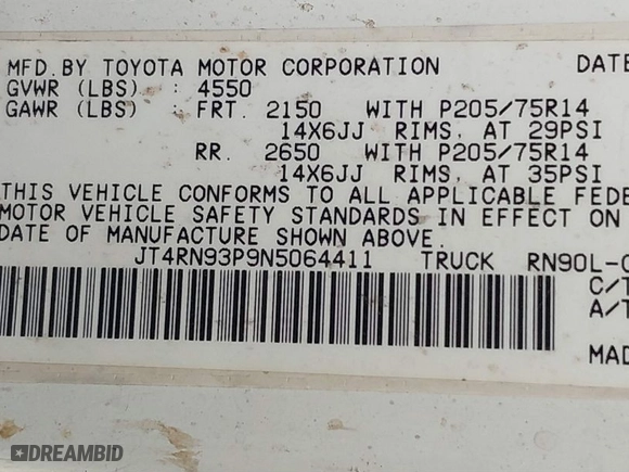 1992 Toyota 2WD Pickups DLX with VIN JT4RN93P9N5064411, listed as a IAAI auction lot 41787535 with 170,294 mi miles. Bid and sale history available at carsss.com. Image 9.
