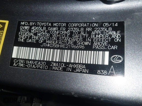 2014 Lexus CT 200h with VIN JTHKD5BHXE2196696, listed as a IAAI auction lot 42205282 with 113,924 mi miles and . Bid and sale history available at DreamBid. Image 9.
