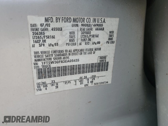 2003 Ford F-350 XL with VIN 1FTSW30F83EA05435, listed as a Copart auction lot 76772444 with Not Provided miles and Salvage Title. Bid and sale history available at DreamBid. Image 13.