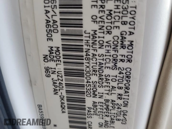 2003 Lexus SC 430 z VIN JTHFN48YX30045320, wystawiony jako Copart lot #57385515 z przebiegiem 104 178 mil mil oraz Szkoda całkowita • Salvage title. Historia ofert i sprzedaży dostępna na DreamBid. Obrazek 13.