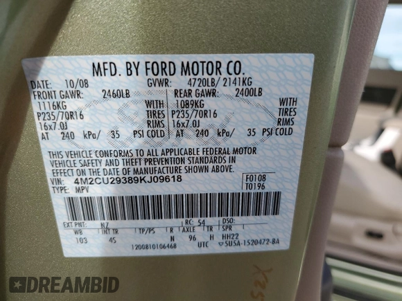 2009 Mercury Mariner Hybrid with VIN 4M2CU29389KJ09618, listed as a Copart auction lot 51431185 with 137,881 mi miles and Clean title. Bid and sale history available at DreamBid. Image 12.