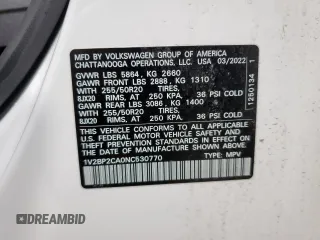 2022 Volkswagen Atlas SEL with VIN 1V2BP2CA0NC530770, listed as a Copart auction lot 55657454 with 31,121 mi miles and Salvage title. Bid and sale history available at DreamBid. Image 13.