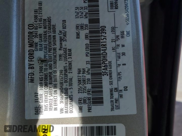 2018 Ford Fusion SE with VIN 3FA6P0HD4JR157390, listed as a Copart auction lot 50189075 with 115,410 mi miles and Salvage Title. Bid and sale history available at DreamBid. Image 12.