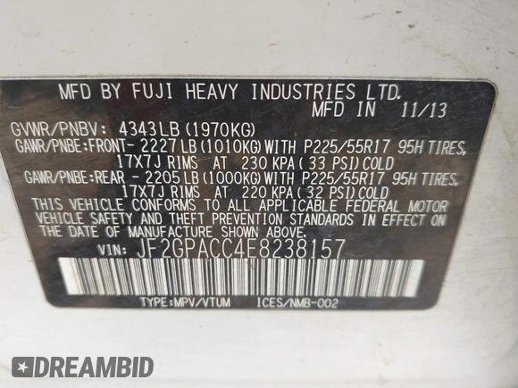 2014 Subaru Crosstrek Premium с VIN JF2GPACC4E8238157, выставлен на аукционе IAAI как лот 42481787 с пробегом 236 359 миль миль и . История ставок и продаж доступна на DreamBid. Изображение 9.