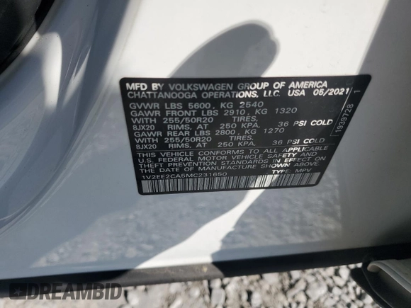 2021 Volkswagen Atlas SEL с VIN 1V2EE2CA5MC231650, выставлен на аукционе Copart как лот 70891574 с пробегом 48 847 миль миль и Списание • Salvage title. История ставок и продаж доступна на DreamBid. Изображение 13.