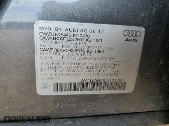 2012 Audi Q5 2.0T Premium Plus with VIN WA1LFAFP0CA124669, listed as a Copart auction lot 47990035 with 0 mi miles and Salvage Title. Bid and sale history available at carsss.com. Image 13.