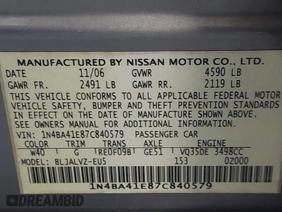 2007 Nissan Maxima SL z VIN 1N4BA41E87C840579, wystawiony jako IAAI lot #42165787 z przebiegiem 240 449 mil mil oraz . Historia ofert i sprzedaży dostępna na DreamBid. Obrazek 9.