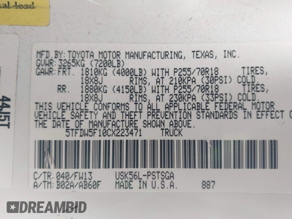 2012 Toyota Tundra 4WD Truck with VIN 5TFDW5F10CX223471, listed as a IAAI auction lot 41839687 with 249,246 mi miles. Bid and sale history available at carsss.com. Image 9.