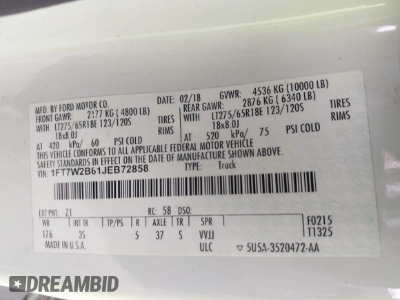 2018 Ford F-250 XL with VIN 1FT7W2B61JEB72858, listed as a IAAI auction lot 42517018 with 193,390 mi miles and . Bid and sale history available at DreamBid. Image 9.