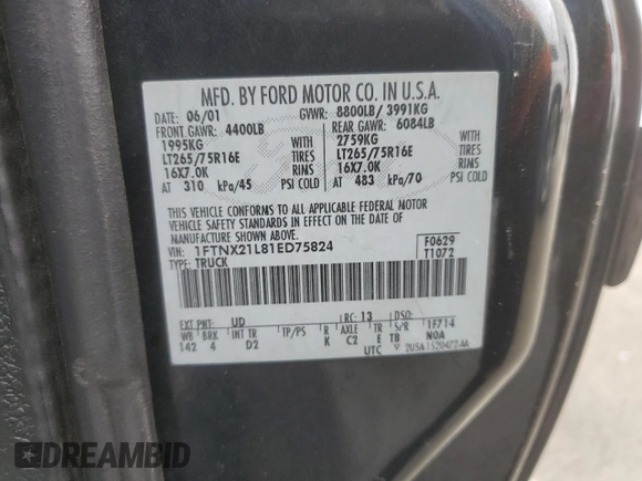 2001 Ford Super Duty F-250 XL with VIN 1FTNX21L81ED75824, listed as a Copart auction lot 51202085 with 257,803 mi miles and Salvage Title. Bid and sale history available at carsss.com. Image 12.
