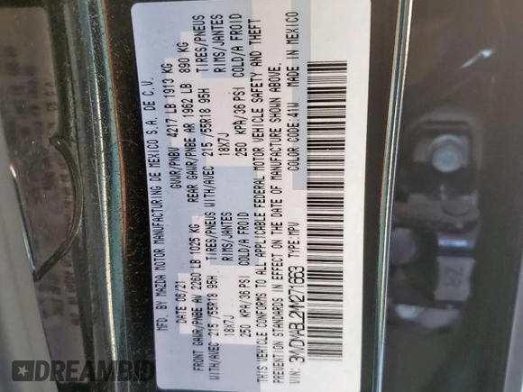2021 Mazda CX-30 Select with VIN 3MVDMABL2MM271663, listed as a Copart auction lot 50212715 with Not Provided miles and Salvage Title. Bid and sale history available at DreamBid. Image 14.