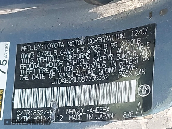 2008 Toyota Prius with VIN JTDKB20U887735362, listed as a IAAI auction lot 41994560 with 175,179 mi miles and . Bid and sale history available at carsss.com. Image 9.