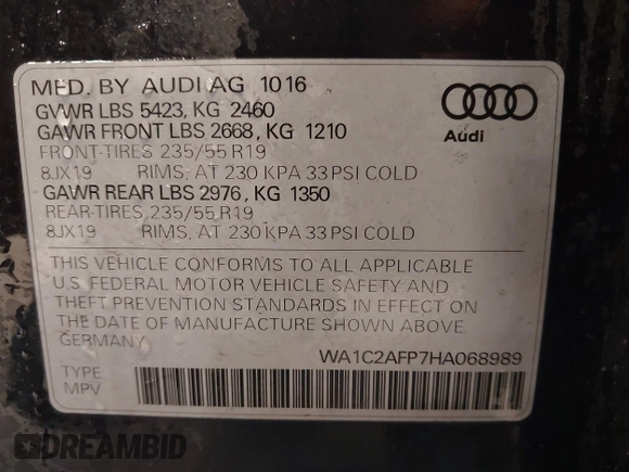 2017 Audi Q5 Premium with VIN WA1C2AFP7HA068989, listed as a IAAI auction lot 41753832 with 88,033 mi miles. Bid and sale history available at carsss.com. Image 9.