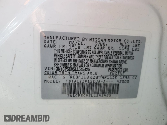 2020 Nissan Kicks SV z VIN 3N1CP5CV5LL545425, wystawiony jako Copart lot #52354285 z przebiegiem 52 245 mil mil oraz Szkoda całkowita • Salvage title. Historia ofert i sprzedaży dostępna na DreamBid. Obrazek 15.