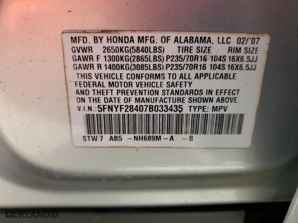 2007 Honda Pilot EX with VIN 5FNYF28407B033435, listed as a Copart auction lot 47786615 with 140,176 mi miles and Salvage Title. Bid and sale history available at carsss.com. Image 13.
