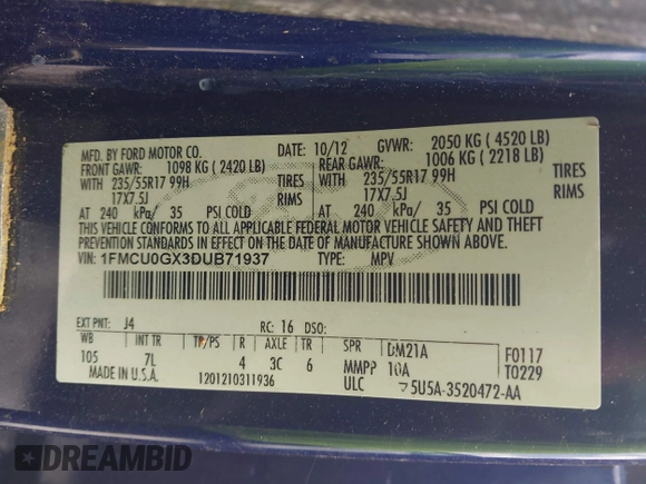 2013 Ford Escape SE with VIN 1FMCU0GX3DUB71937, listed as a IAAI auction lot 42282076 with Not provided miles and . Bid and sale history available at DreamBid. Image 9.