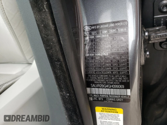 2016 Land Rover Range Rover Evoque HSE with VIN SALVR2BG4GH099069, listed as a Copart auction lot 57402155 with 113,674 mi miles and Salvage title. Bid and sale history available at DreamBid. Image 12.