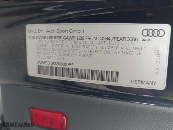 2021 Audi RS 7 with VIN WUAPCBF26MN902755, listed as a IAAI auction lot 40370895 with NaN miles. Bid and sale history available at carsss.com. Image 9.