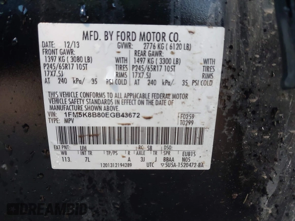 2014 Ford Explorer with VIN 1FM5K8B80EGB43672, listed as a IAAI auction lot 41173546 with 140,577 mi miles and . Bid and sale history available at carsss.com. Image 9.
