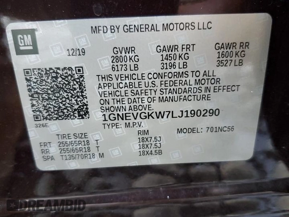 2020 Chevrolet Traverse LT Cloth with VIN 1GNEVGKW7LJ190290, listed as a Copart auction lot 69182974 with 33,801 mi miles and Salvage Title. Bid and sale history available at carsss.com. Image 13.