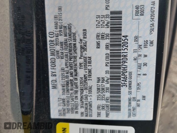 2013 Ford Fusion SE z VIN 3FA6P0H79DR152054, wystawiony jako Copart lot #59733285 z przebiegiem 116 392 mil mil oraz Szkoda całkowita • Salvage title. Historia ofert i sprzedaży dostępna na DreamBid. Obrazek 12.