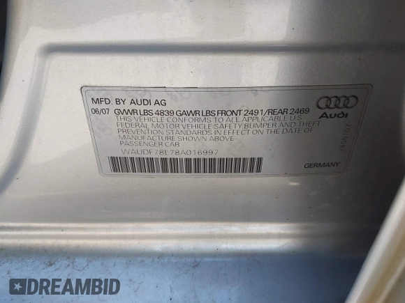 2008 Audi A4 2.0T с VIN WAUDF78E78A016997, выставлен на аукционе IAAI как лот 41995375 с пробегом 133 805 миль миль и . История ставок и продаж доступна на DreamBid. Изображение 9.