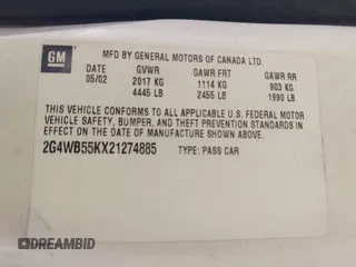 2002 Buick Regal LS с VIN 2G4WB55KX21274885, выставлен на аукционе IAAI как лот 42206272 с пробегом 126 509 миль миль и . История ставок и продаж доступна на DreamBid. Изображение 9.